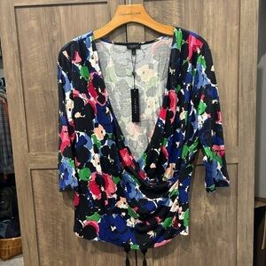 NWT Talbots Size XP Faux Wrap Top Black Floral 3/4 Sleeves Jersey Knit Stretch
